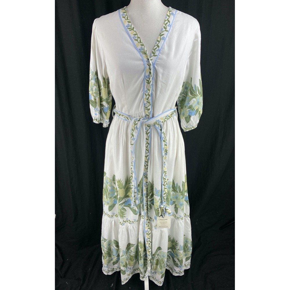 Lea Womens M Boho Hippie Midi Floral Tiered Shirt Dress Linen Blend Beach Belted